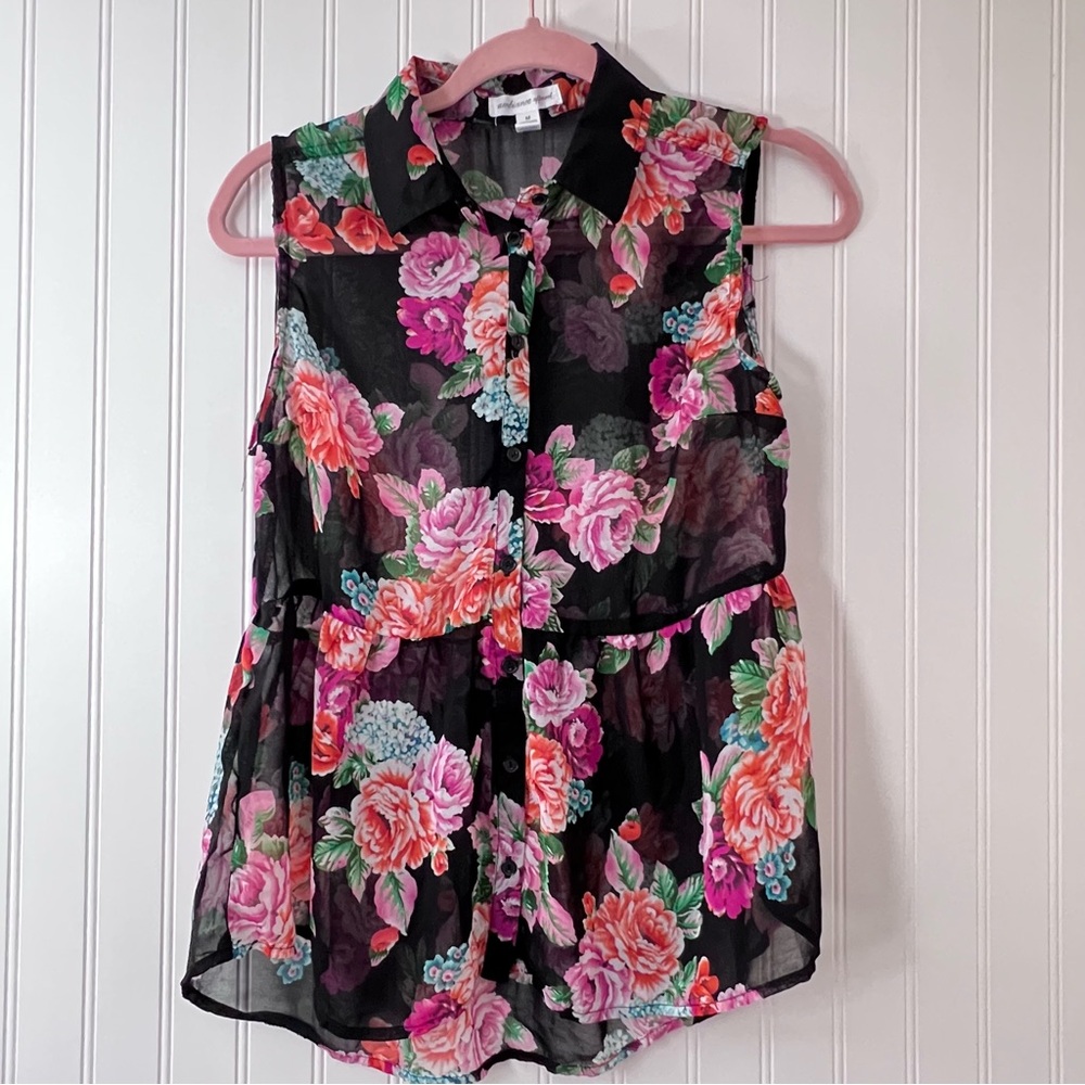 Medium Black Sheer Floral Blouse Top Peplum Oink Peach Floral Boho Festival Cute